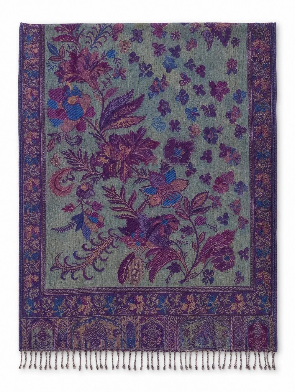Floral Paisley Jacquard Scarf Wrap Shawl Iridescent Teal Purple Fringe 26.5